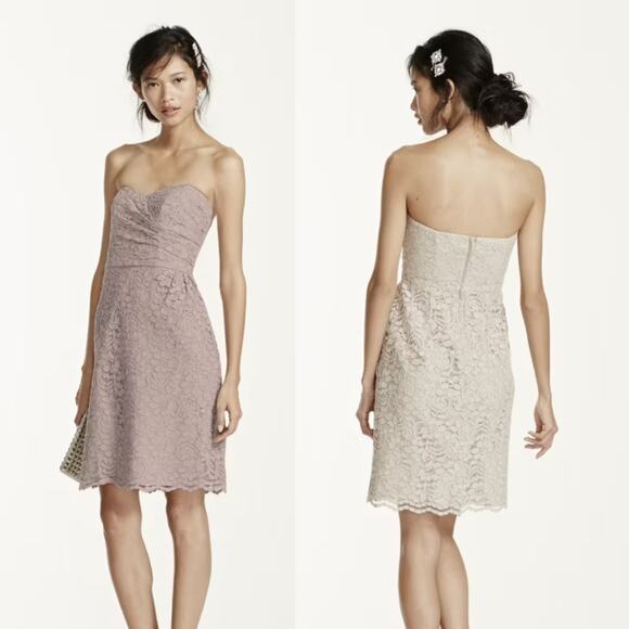 David’s Bridal Short Strapless All Over Lace Dress Tan Sweetheart Neck Mini 18 - Picture 1 of 8